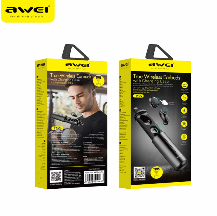 AWEI T55 TWS Wireless Earbuds Bluetooth V5.0 Sports Stereo Earphones Built-in Mic With Charging Case